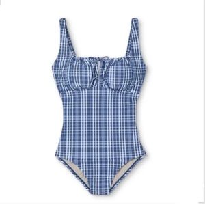 Kona Sol Women's Tunnel High Coverage One Piece
Swimsuit Blue Check Plaid L. NWT